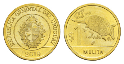 Уругвай 1 песо 2019 KM 135 сталь плакированная латунью UNC 4613-462