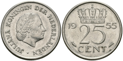 Нидерланды 25 центов 1955 Юлиана (1949-1980) KM 183 никель 96-133