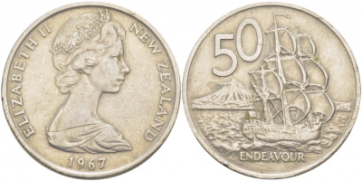 Новая Зеландия 50 центов 1967 Елизавета II (1952-2022), парусник Индевор KM 37.1 медно-никель 215-144