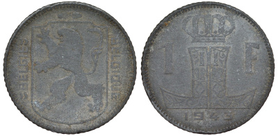 Бельгия 1 франк 1943 Леопольд III, Belgie-Belgique KM 128 цинк 4163-143