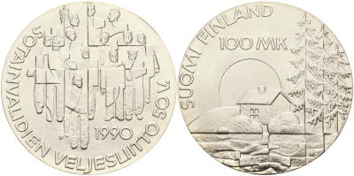 Финляндия 100 марок 1990 50 лет ассоциации ветеранов войны KM 67 серебро UNC 1066-4-31