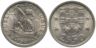 Португалия 2,5 эскудо 1980 парусник KM 590 медно-никель 4608-956