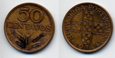 ПОРТУГАЛИЯ 50 СЕНТАВО 1974 KM 596 бронза 29-1164