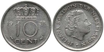 НИДЕРЛАНДЫ 10 ЦЕНТОВ 1958 ЮЛИАНА KM 182 никель 112-739