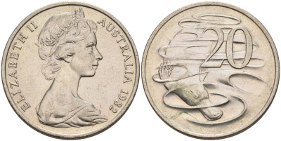 АВСТРАЛИЯ 20 ЦЕНТОВ 1982 ЕЛИЗАВЕТА II, МОЛОДОЙ ПОРТРЕТ, УТКОНОС KM 66 медно-никель 4565-831