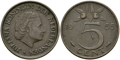 НИДЕРЛАНДЫ 5 ЦЕНТОВ 1955 ЮЛИАНА KM 181 бронза 95-321