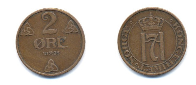 НОРВЕГИЯ 2 ЭРЕ 1928 KM 371 бронза 23-754