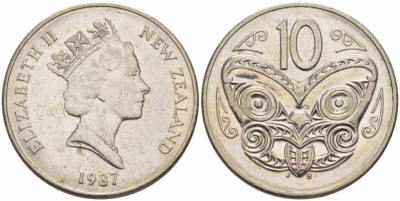 Новая Зеландия 10 центов 1987 Елизавета II (1952-2022), маска маори KM 61 медно-никель 60-1333