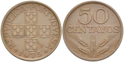 ПОРТУГАЛИЯ 50 СЕНТАВО 1975 KM 596 бронза 4513-1231