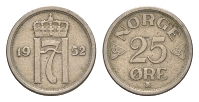 Норвегия 25 эре 1952 Хокон VII (1905-1957) KM 401 медно-никель 4632-1227