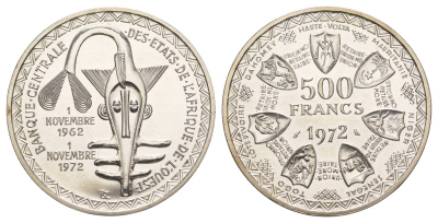 Западная Африка (BCEAO) 500 франков 1972 10 лет валютному союзу KM 7 серебро BU 413-4031