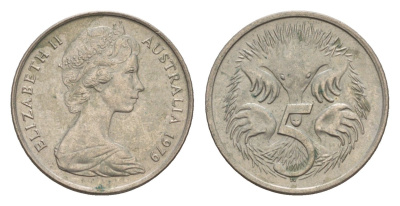 Австралия 5 центов 1979 Елизавета II (1952-2022) молодой портрет, ехидна KM 64 медно-никель 4655-1266