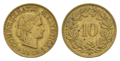 Швейцария 10 раппенов 1919 B KM 27a латунь 1518-831