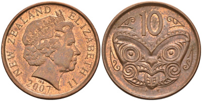 Новая Зеландия 10 центов 2007 маска Маори, Елизавета II (1952-) KM 117а сталь плакированная медью 4179-733