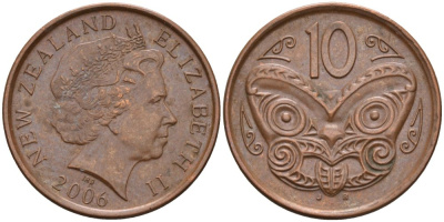Новая Зеландия 10 центов 2006 маска Маори, Елизавета II (1952-) KM 117а сталь плакированная медью 179-834