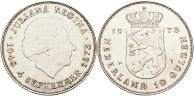 Нидерланды 10 гульденов 1973 25 лет правления королевы Юлианы KM 196 серебро 4368-721