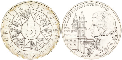 Австрия 5 евро 2006 250 лет со дня рождения Вольфганга Амадея Моцарта, Зальцбургский кафедральный собор KM 3131 серебро UNC 11-183-25