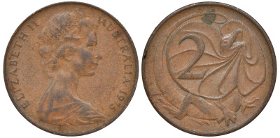 Австралия 2 цента 1976 Елизавета II (1952-2022), плащеносная ящерица (FRILLED LIZARD)  KM 63 бронза 4556-1035