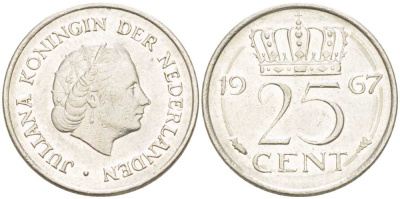 НИДЕРЛАНДЫ 25 ЦЕНТОВ 1967 ЮЛИАНА (1948-1980) KM 183 никель 214-948