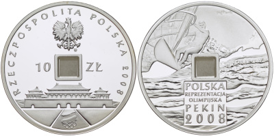 Польша 10 злотых 2008 XXIX Летние Олимпийские игры 2008 года в Пекине, виндсерфинг, стилизованная под старинный кэш KM 646 серебро PROOF 06-256-45