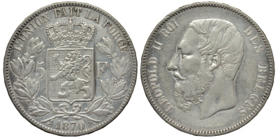 Бельгия 5 франков 1870 Леопольд II (1865-1909) KM 24 серебро 443-842