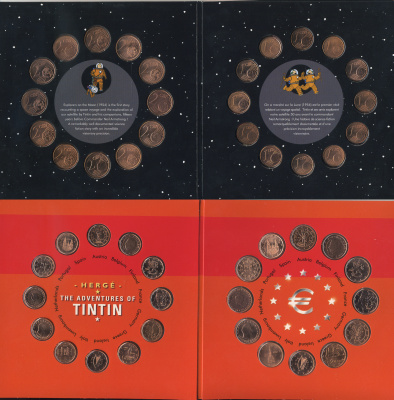 Бельгия набор из 24 монет + жетон 2004 50 лет первой ракете на Луне, TINTIN, 12 монет по 1 евроценту и 12 монет по 2 евроцента, тираж 10000 экз., жетон серебро, в оригинальном буклете, с сертификатом    UNC  1-5-3-21