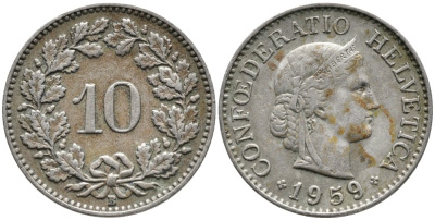 ШВЕЙЦАРИЯ 10 РАППЕНОВ 1959 В KM 27 медно-никель 4539-452