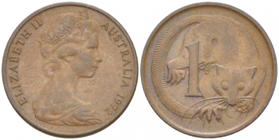 АВСТРАЛИЯ 1 ЦЕНТ 1972 ЕЛИЗАВЕТА II, МОЛОДОЙ ПОРТРЕТ, ОПОССУМ КМ 62 бронза 3851-1112