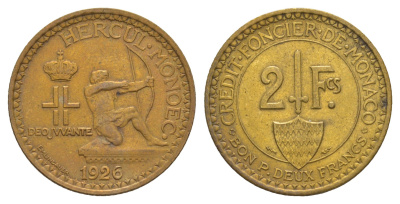 Монако 2 франка 1926 год-тип KM 115 алюминиевая бронза 5010-922