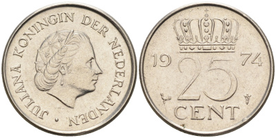 Нидерланды 25 центов 1974 Юлиана (1949-1980) KM 183 никель    4174-662