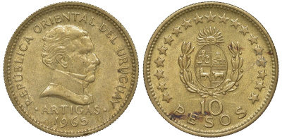 Уругвай 10 песо 1965 KM 48 алюминиевая бронза 4574-611
