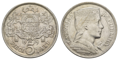 Латвия 5 латов 1929 девушка KM 9 серебро 443-832