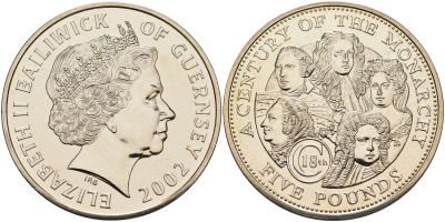 Гернси 5 фунтов 2002 монархи Великобритании, XVIII век KM 124 медно-никель UNC 02-116-41