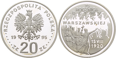 Польша 20 злотых 1995 MW, 75 лет Варшавской битве (15 августа 1920) KM 298 серебро PROOF 1080-10-42