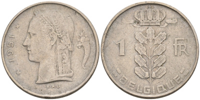 БЕЛЬГИЯ 1 ФРАНК 1951 BELGIQUE KM 142.1 медно-никель 4563-1156