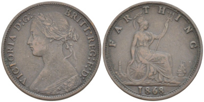 Великобритания 1 фартинг 1868 Виктория (1837-1901) KM 747.2, Spink 3958 бронза 4543-851