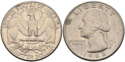 США 25 центов = квотер 1988 D, Вашингтон KM A164a медь плакированная медно-никелем 4592-223