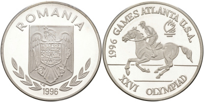 Румыния 100 леев 1996 XXVI Олимпийские игры 1996 года в Атланте, 100 лет Олимпийскому движению, скачки, пробный выпуск, пифорт KM PnB 315E1 серебро  PROOF  1525-1234