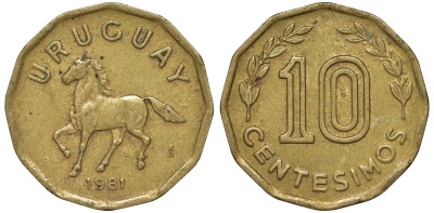 Уругвай 10 сентесимо 1981 KM 66 алюминиевая бронза 4169-541