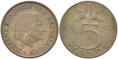 Нидерланды 5 центов 1969 Юлиана (1948-1980) KM 181 бронза 213-1051