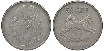 Норвегия 50 эре 1971 Улаф V (1957-1991), собака KM 408 медно-никель 4128-1135