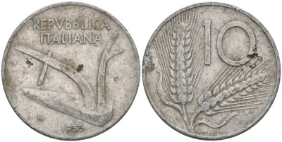 Италия 10 лир 1955 R, КОЛОС, плуг KM 93 алюминий 4573-757