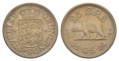 Гренландия 25 эре 1926 NCN; CJ, медведь, датская колония, Кристиан X (1912-1947) KM 5 медно-никель aUNC 441-434
