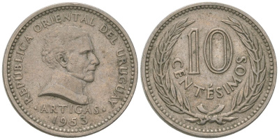 Уругвай 10 сентесимо 1953 KM 35 медно-никель 4602-639