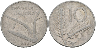 Италия 10 лир 1952 R, плуг, колосья KM 93 алюминий 4571-513