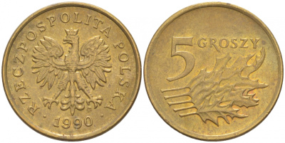 ПОЛЬША 5 ГРОШЕЙ 1990 MW KM 278 латунь 100-1222