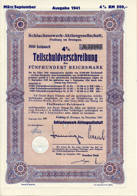 Германия 500 рейхсмарок 1941 АО Schluchseewerk (оператор 5 ГЭС), Фрайбург-им-Брайсгау, 4% -ное частичное обязательство   бумага  8804-85-1