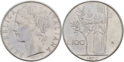 Италия 100 лир 1975 R, Афина у оливкого дерева KM 96.1 нержавеющая сталь 4131-1113