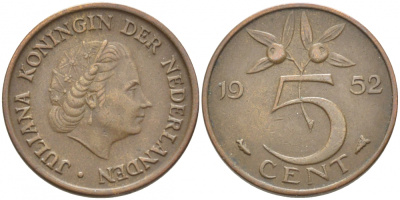 НИДЕРЛАНДЫ 5 ЦЕНТОВ 1952 ЮЛИАНА KM 181 бронза 3856-1211
