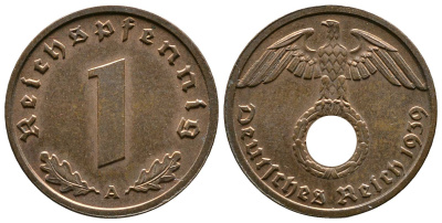 Германия 1 рейхспфенниг 1939 A KM 89, J. 361 бронза    220-329